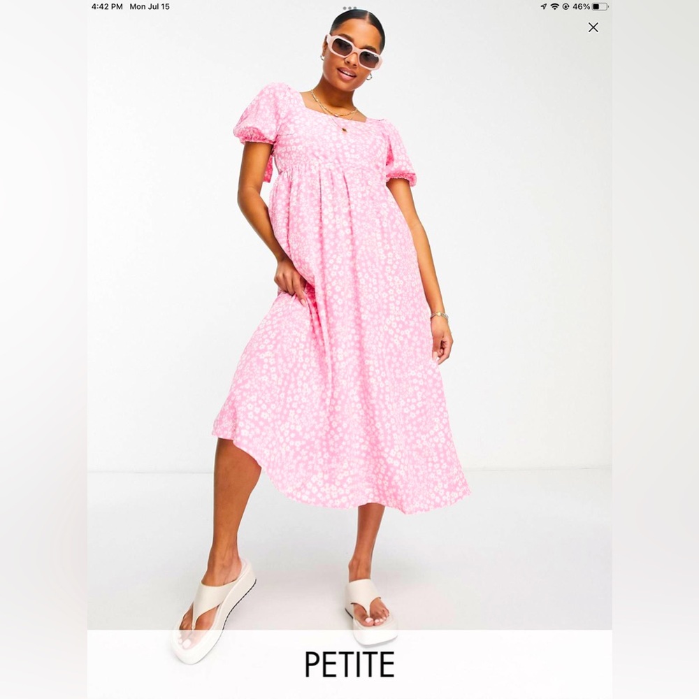 Influence Petite Puff Sleeve whirred midi dress in pink and white floral